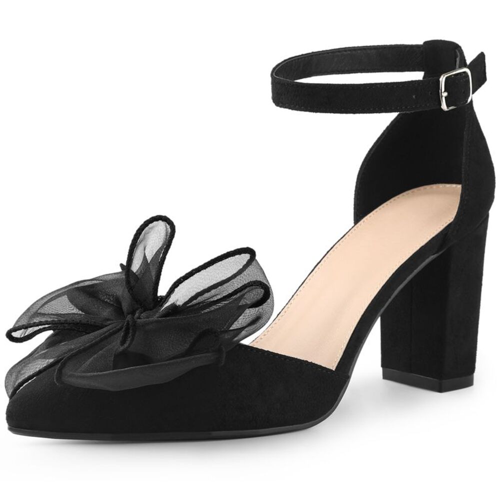 Women's Bow Knot Pointed Toe Block Heel Pumps Black